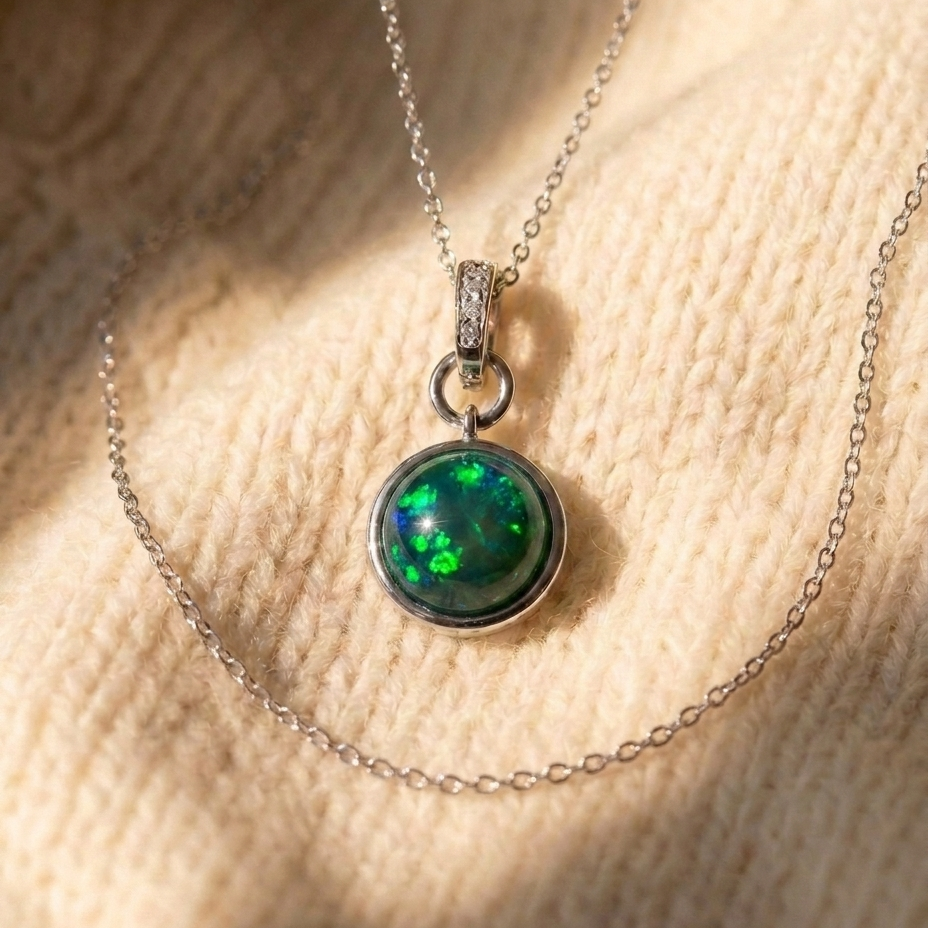 By Sophi Colorful Black Opal Necklace, Black Opal 2 multi-color variant on warm cream wool