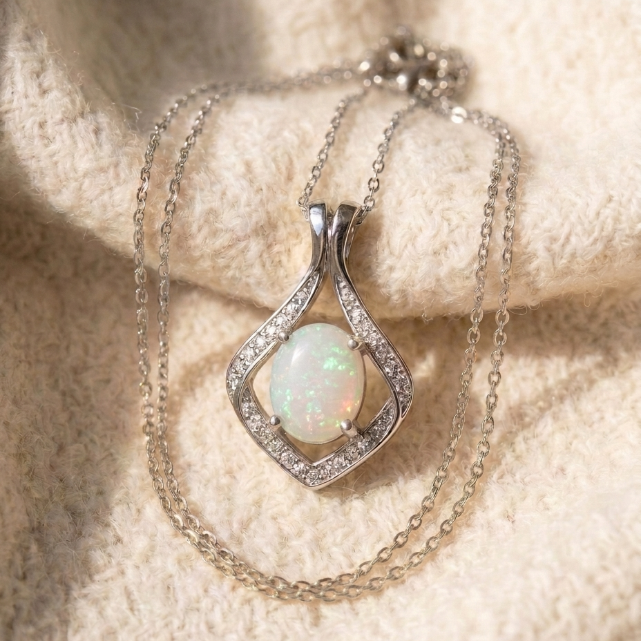 By Sophi Natural Opal Pendant Necklace, catalog flat-lay on warm cream wool