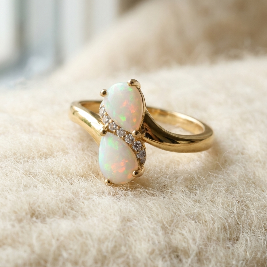 By Sophi Natural Pear-Cut Opal Ring, catalog flat-lay on warm cream wool