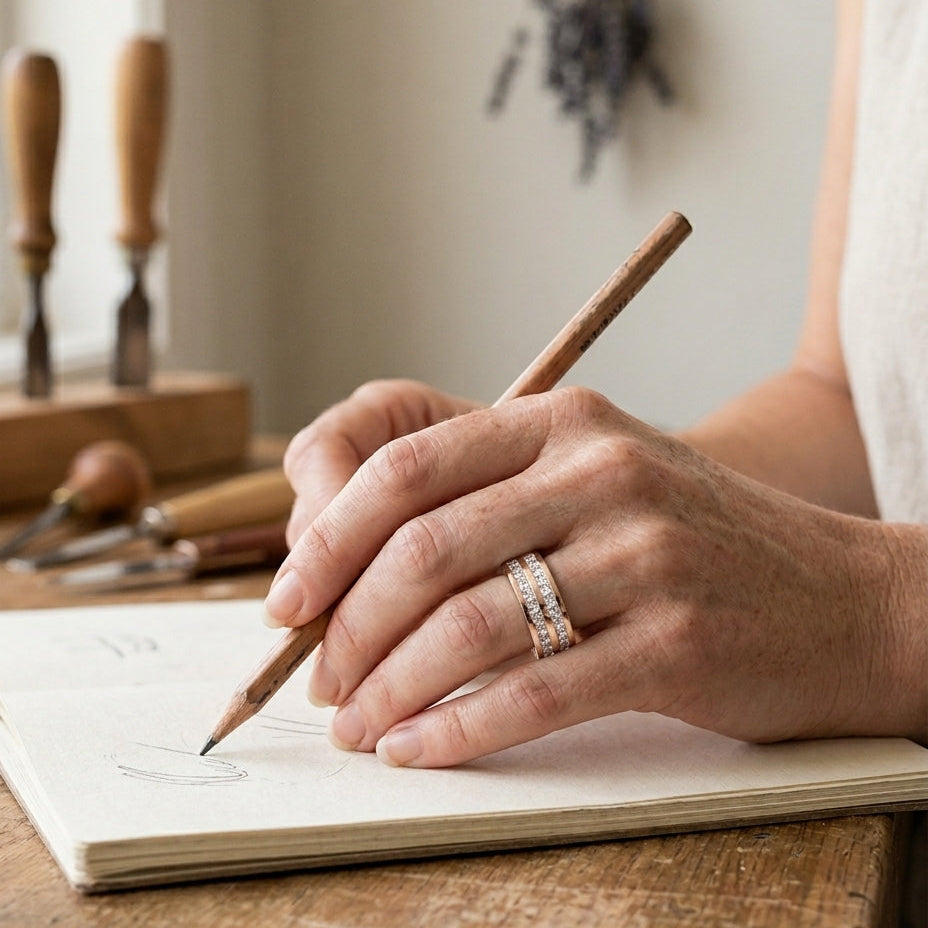Elegant inlaid zirconia ring on hand holding a pen at a workshop bench
