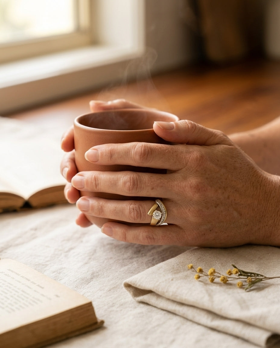 Vintage irregular gold and silver zirconia ring in a quiet lifestyle moment with hands