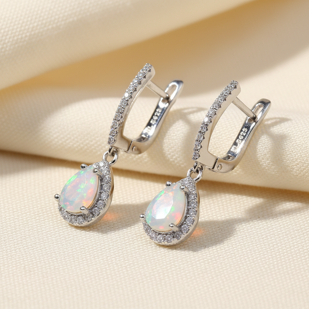 Natural Pear-Cut Opal Drop Earrings in Sterling Silver