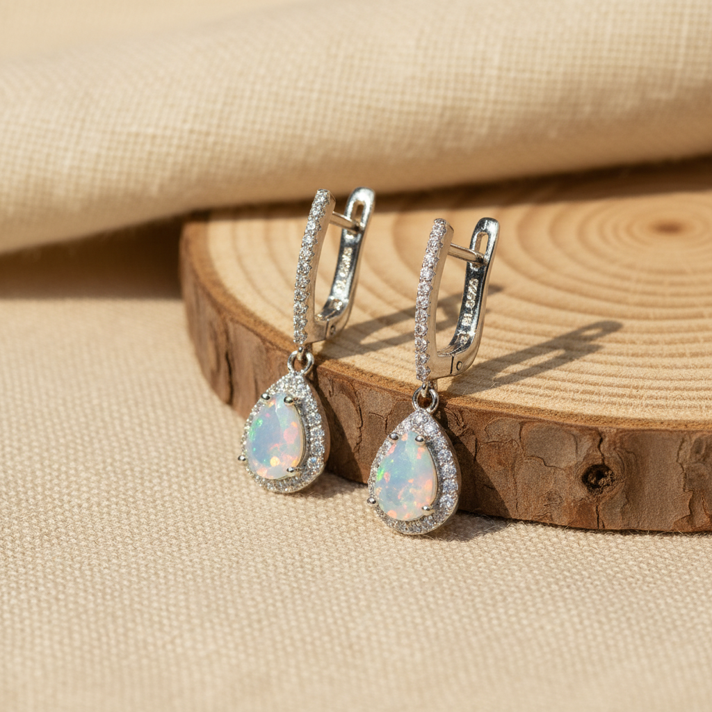 Natural Pear-Cut Opal Drop Earrings in Sterling Silver