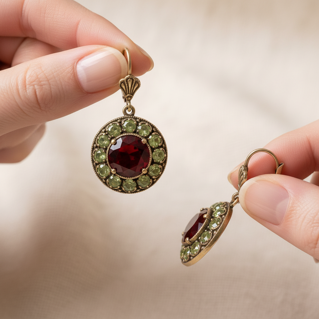 Vintage Rounded Green & Red Crystal Earrings