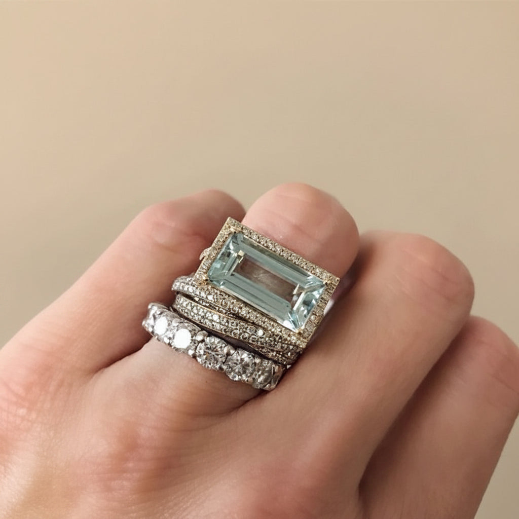 Vintage Silver Blue Crystal Ring Set, worn on hand