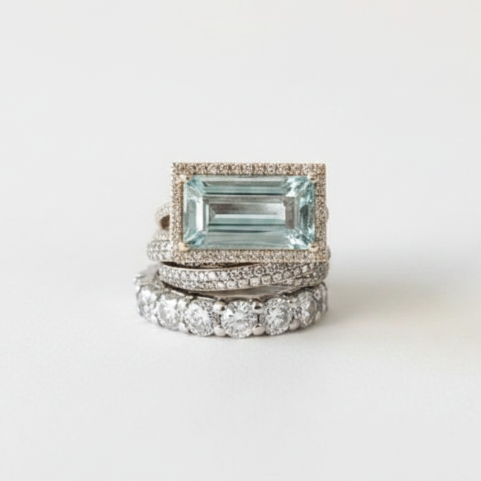 Vintage Silver Blue Crystal Ring Set, three-ring stack