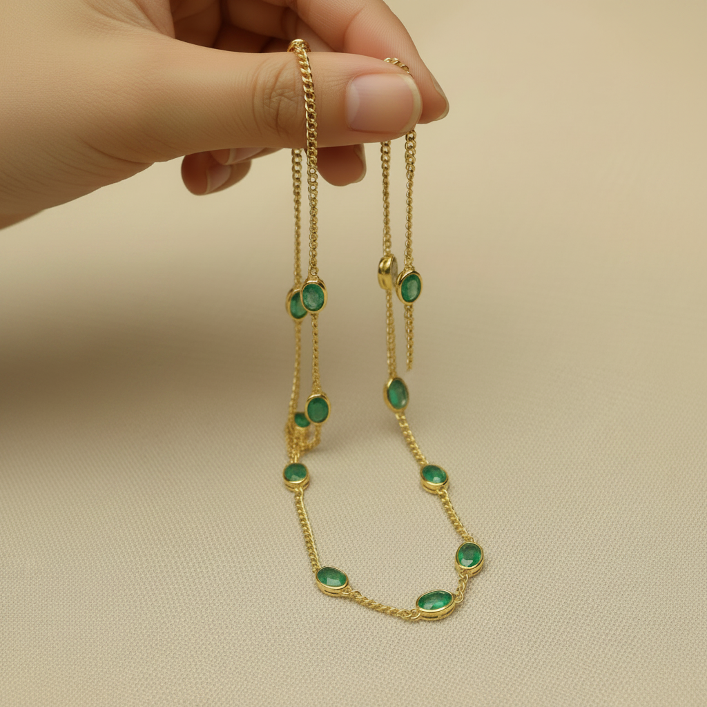 Natural Emerald Bezel Curb Chain Necklace  in Sterling Silver