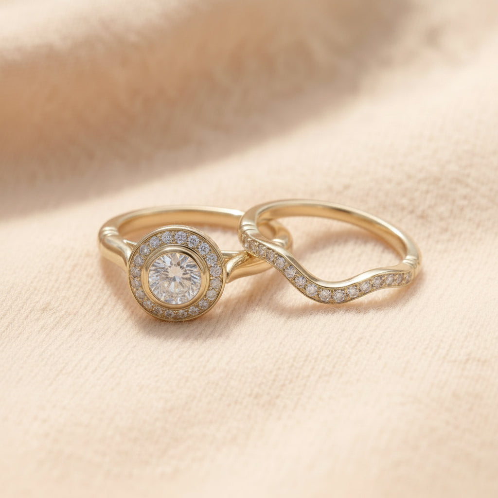By Sophi Vintage Gold and Zirconia Ring Pack flat-lay on warm cream wool