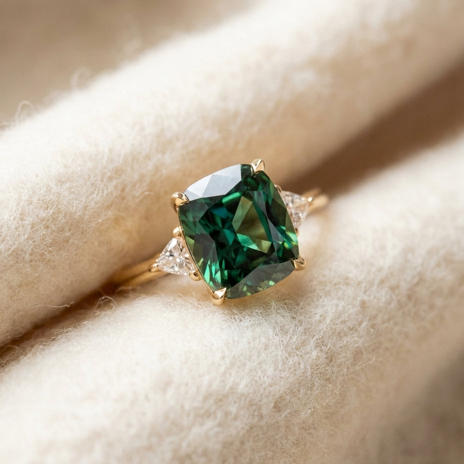 By Sophi Green Zirconia Ring in Gold flat-lay on warm cream wool