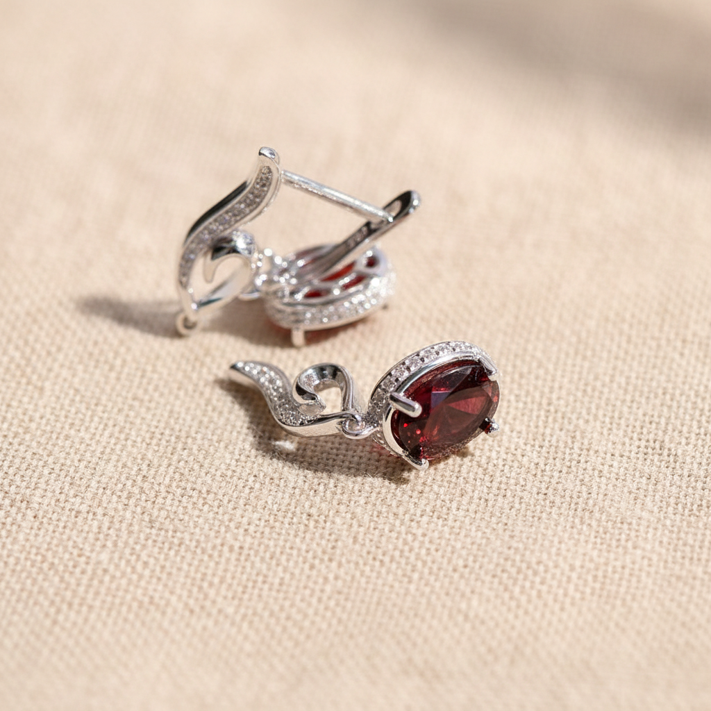 Natural Red Garnet Drop Earrings in Sterling Silver