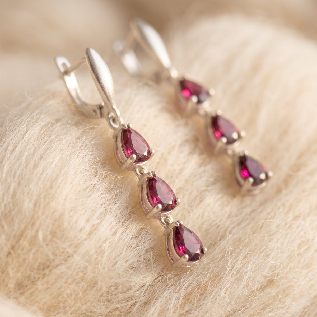 Natural Rhodolite Garnet Drop Earrings in Sterling Silver