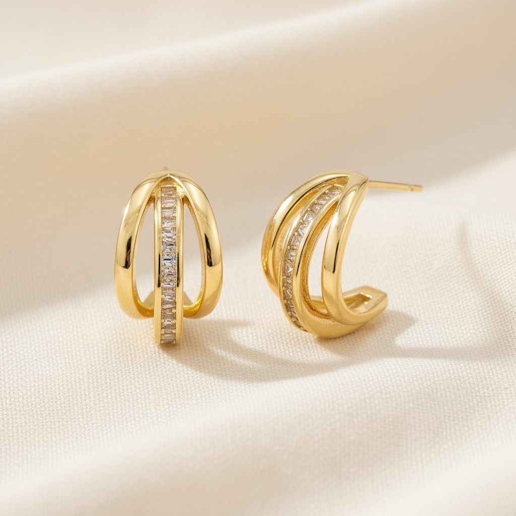 Three-Ring Drop Interlocking Earrings in Gold