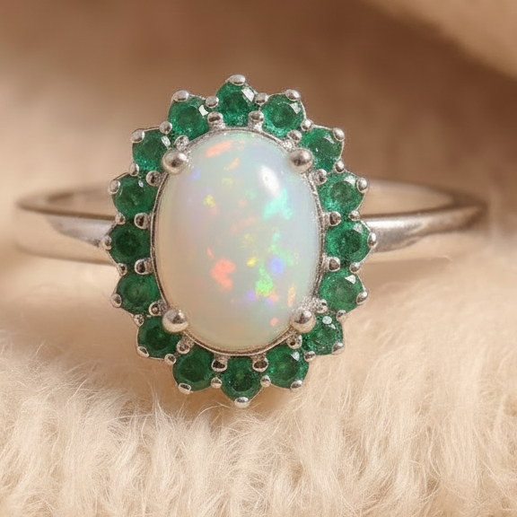 Natural Opal & Emerald Jewelry Set in Sterling Silver