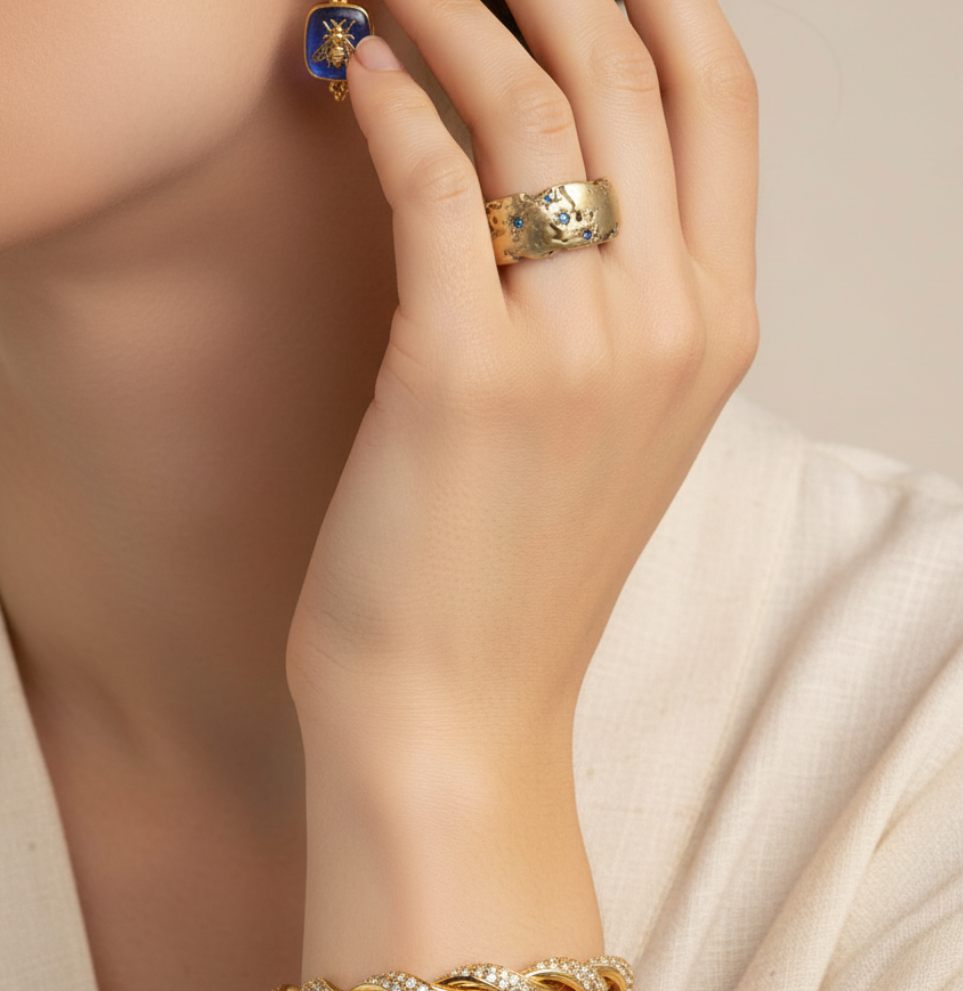 Vintage Golden Forged Blue Inlaid Crystal Ring