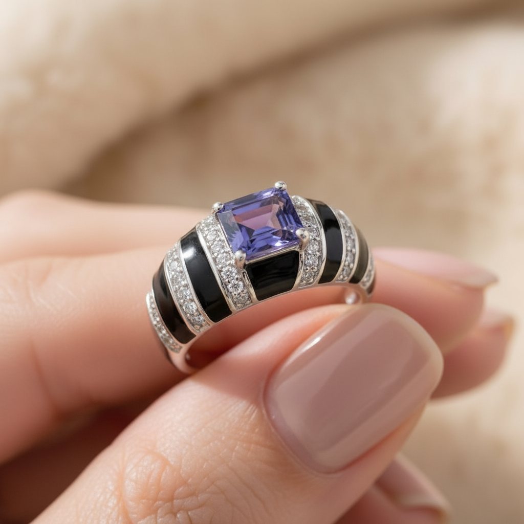 Natural Iolite and Black Enamel Ring in Sterling Silver