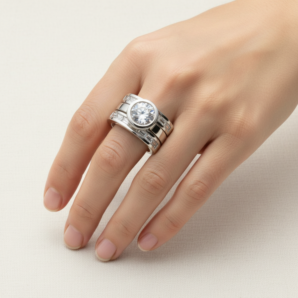 Vintage Layered Crystal Wide Ring in Silver| smaller baguette-