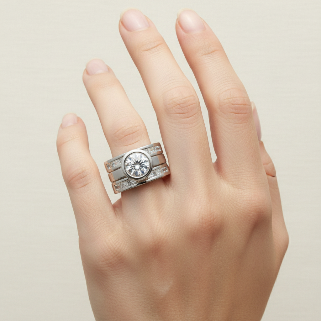 Vintage Layered Crystal Wide Ring in Silver| smaller baguette-