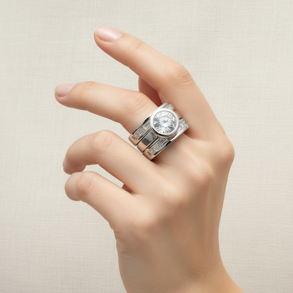 Vintage Layered Crystal Wide Ring in Silver| smaller baguette-