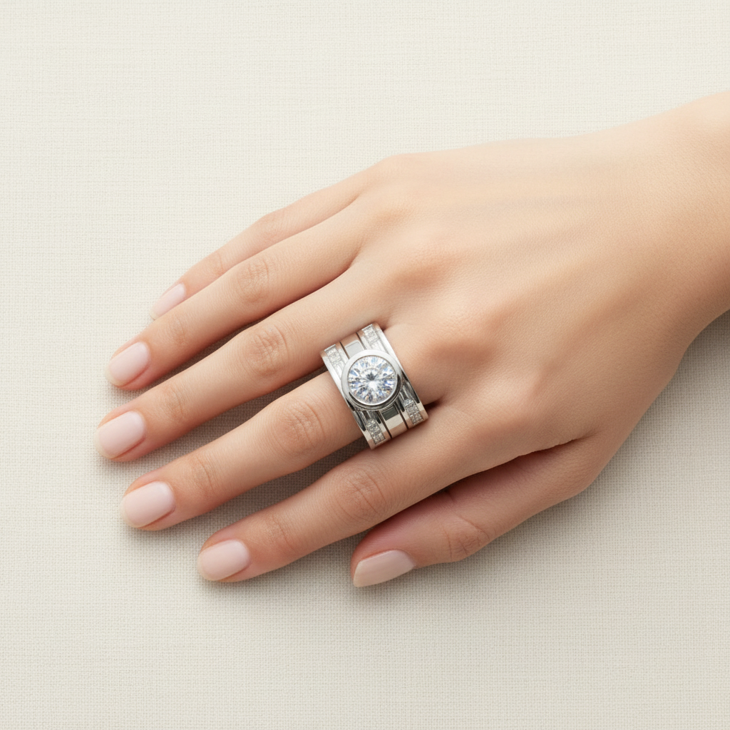 Vintage Layered Crystal Wide Ring in Silver| smaller baguette-