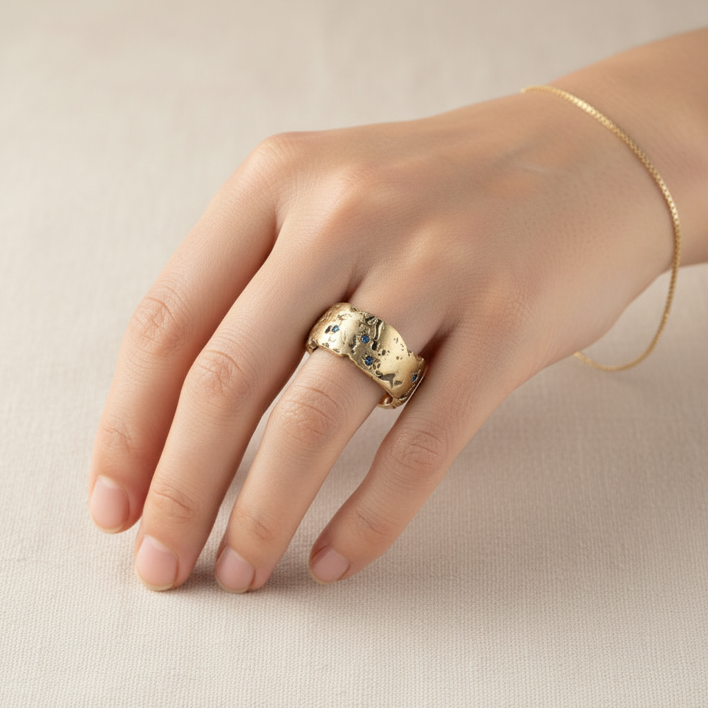 Vintage Golden Forged Blue Inlaid Crystal Ring