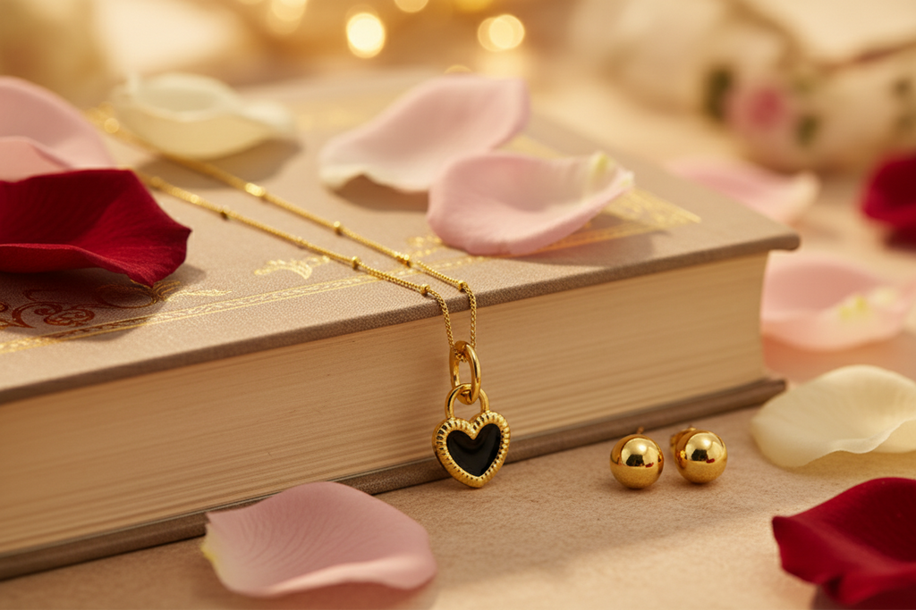 Black and White Heart Pendant Necklace in Gold
