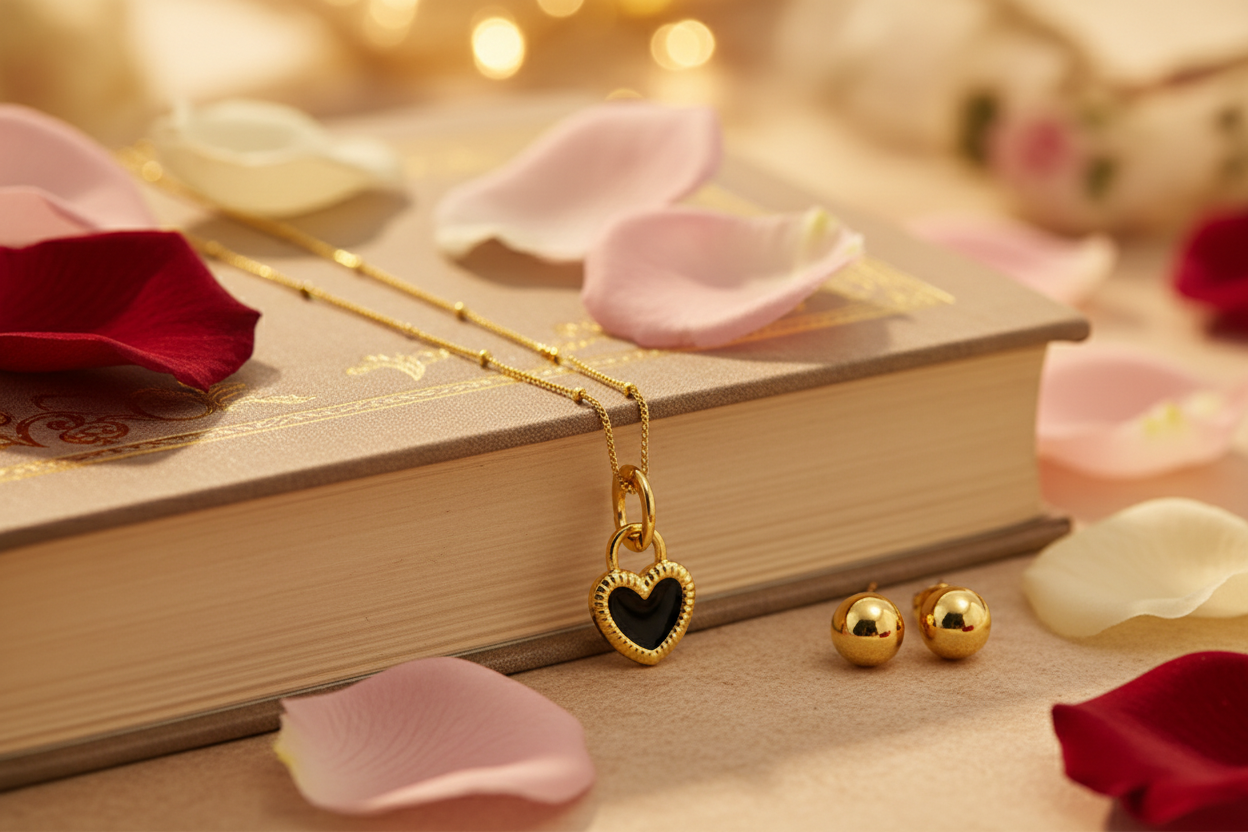 Black and White Heart Pendant Necklace in Gold