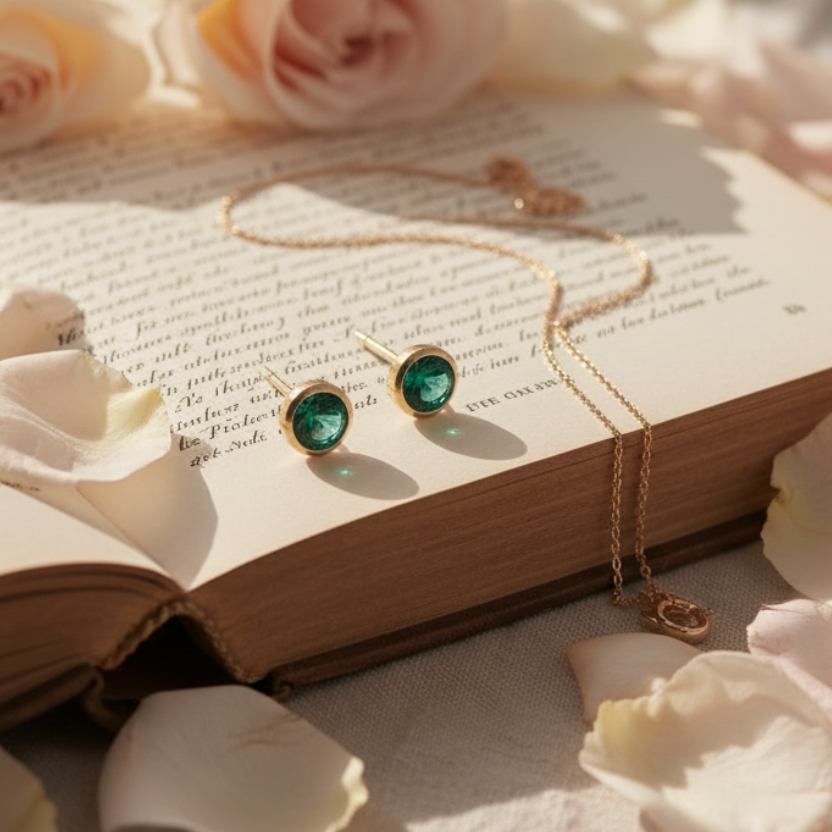 Emerald Birthstone Studs in Gold