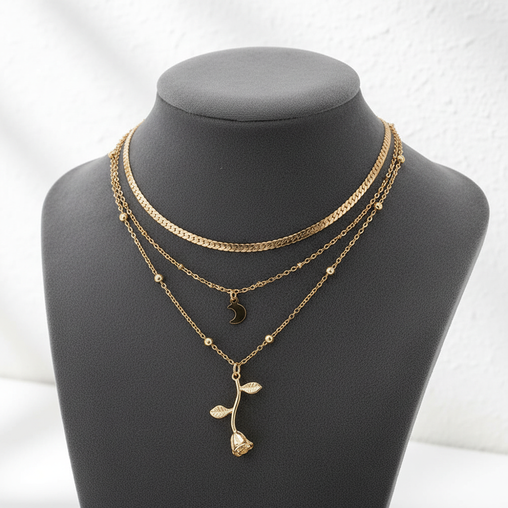Rose and Moon Pendant Necklace in Gold