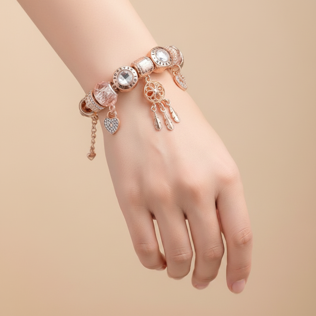 Dreamcatcher Bracelet with Charms  | Rose gold,  Sterling Silver