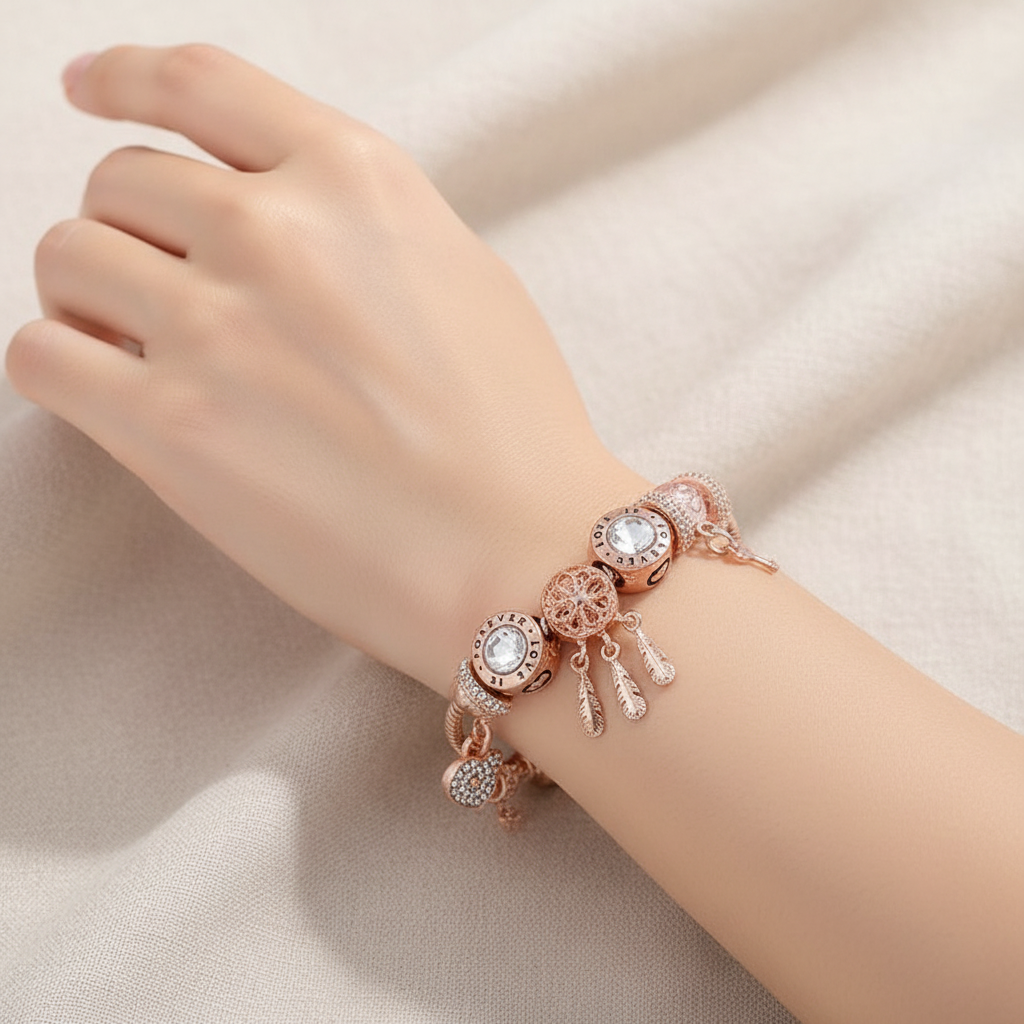 Dreamcatcher Bracelet with Charms  | Rose gold,  Sterling Silver