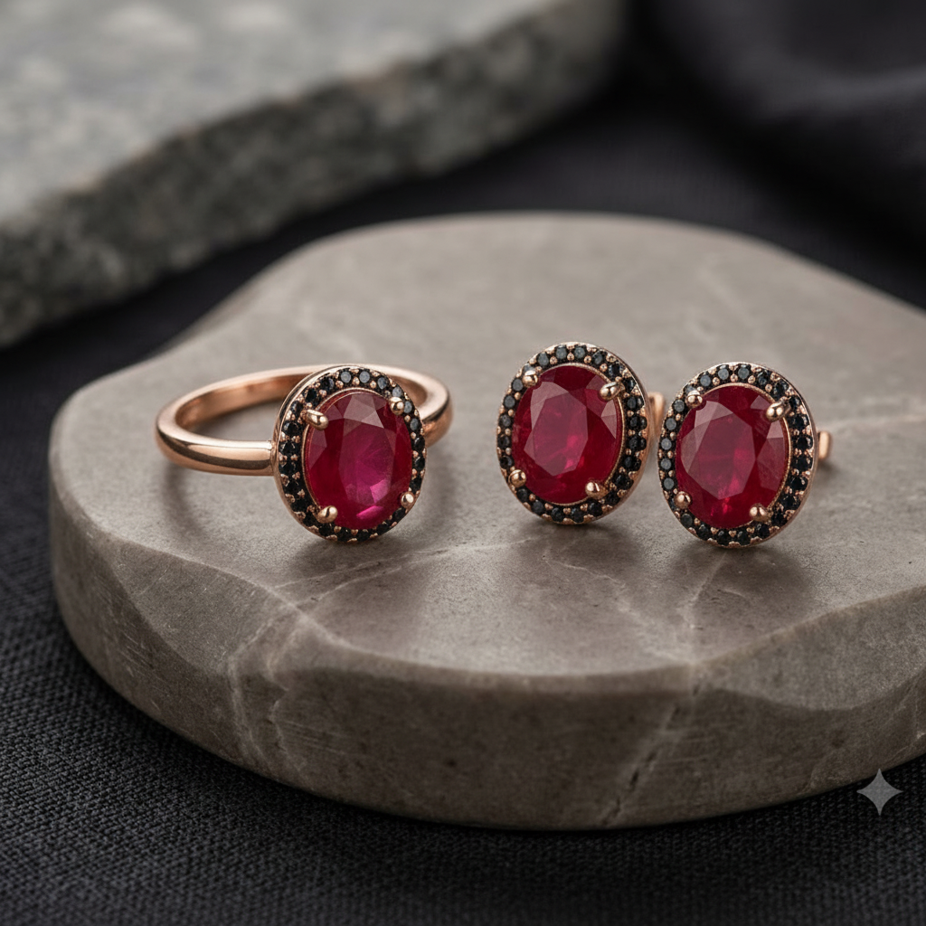 Composite Ruby Ring & Earring Set in Rose Gold-Plated Sterling Silver
