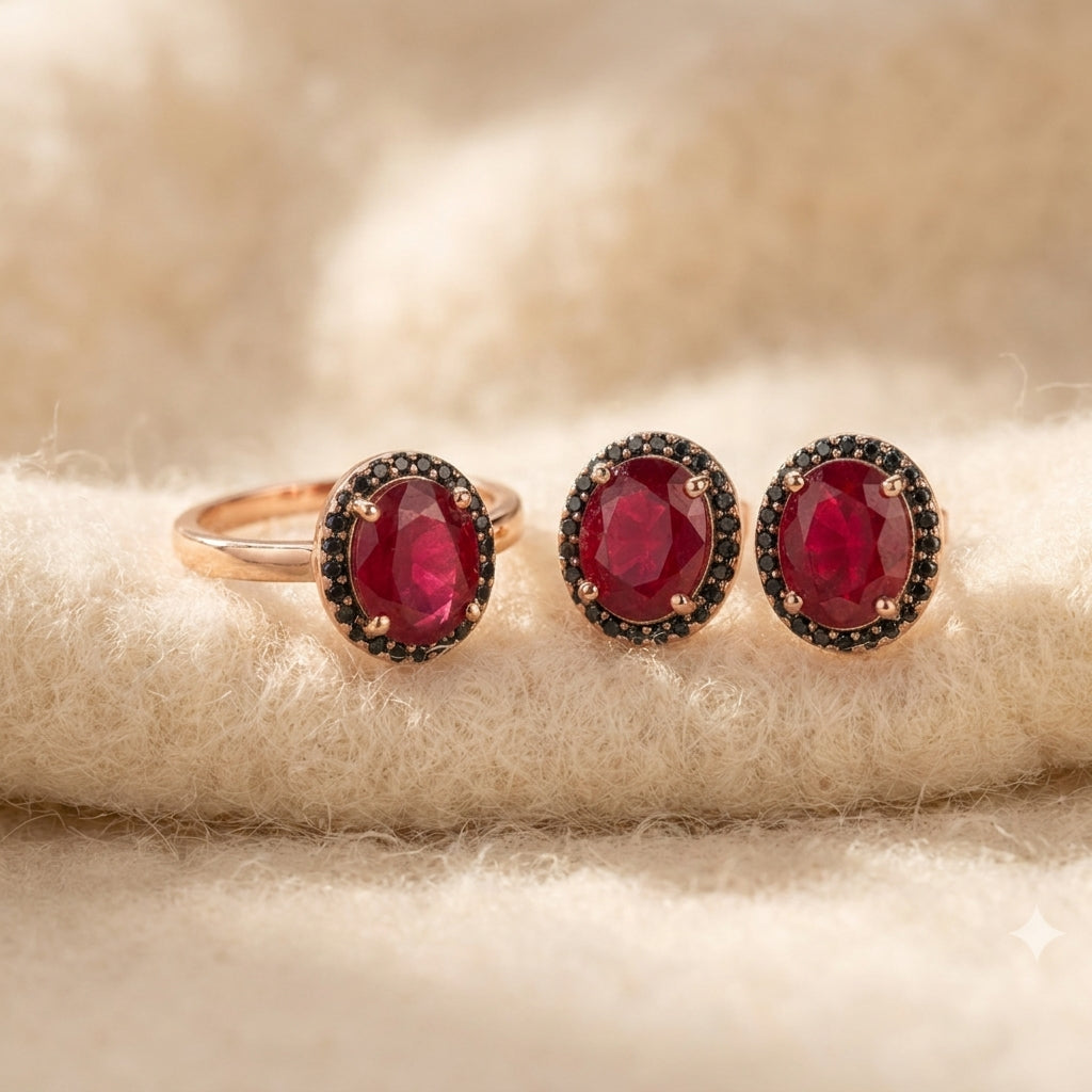 By Sophi Composite Ruby Ring & Earring Set, catalog flat-lay on warm cream wool