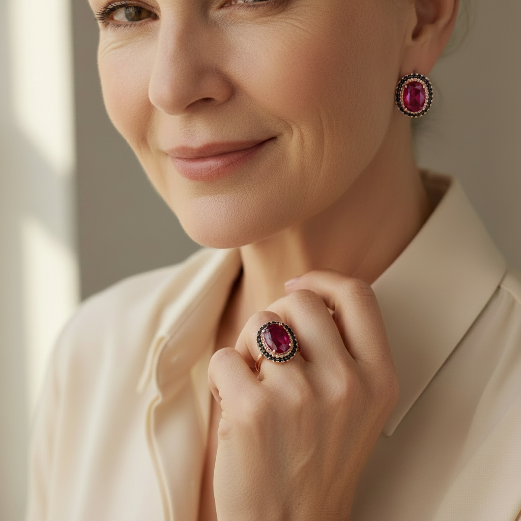Composite Ruby Ring & Earring Set in Rose Gold-Plated Sterling Silver
