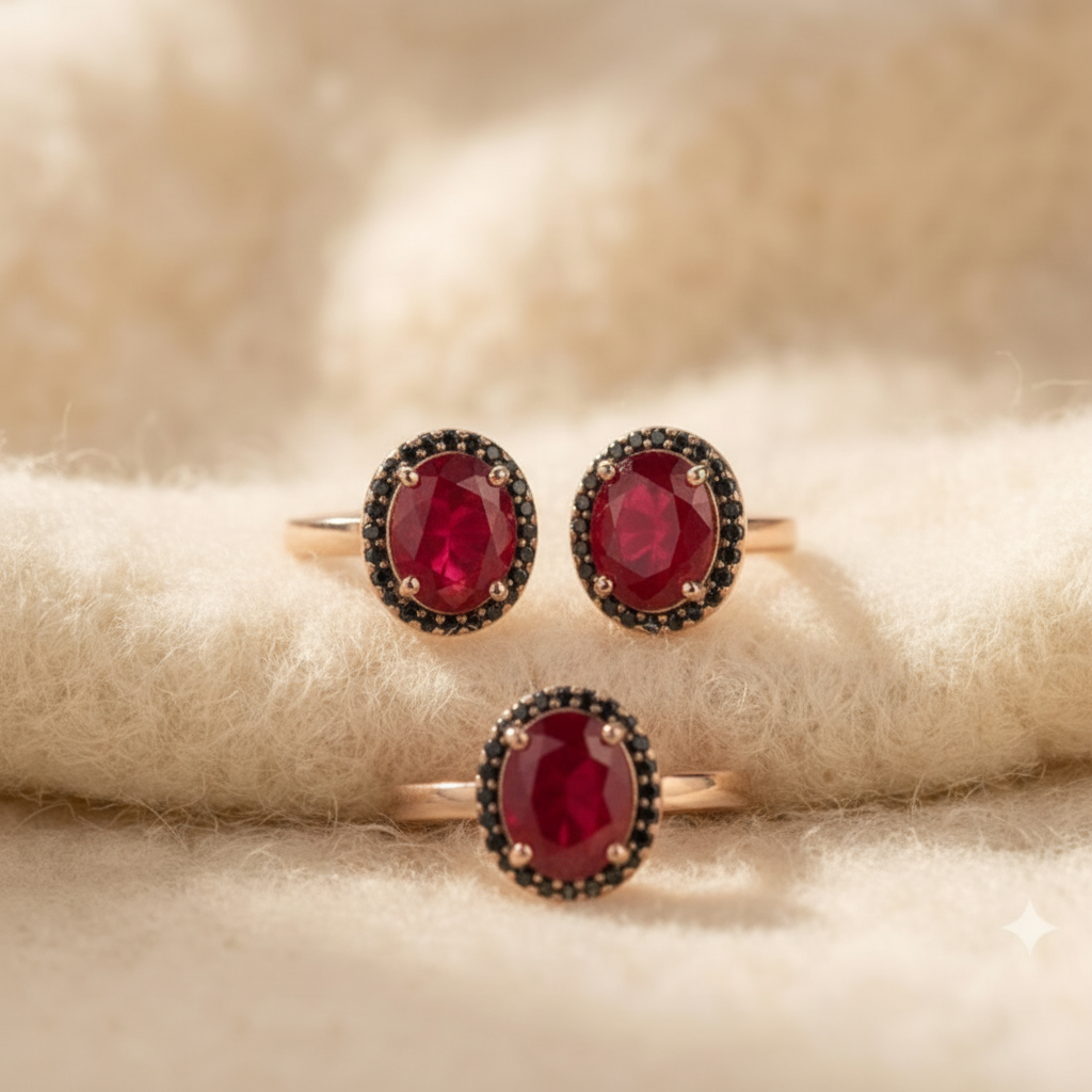 Composite Ruby Ring & Earring Set in Rose Gold-Plated Sterling Silver