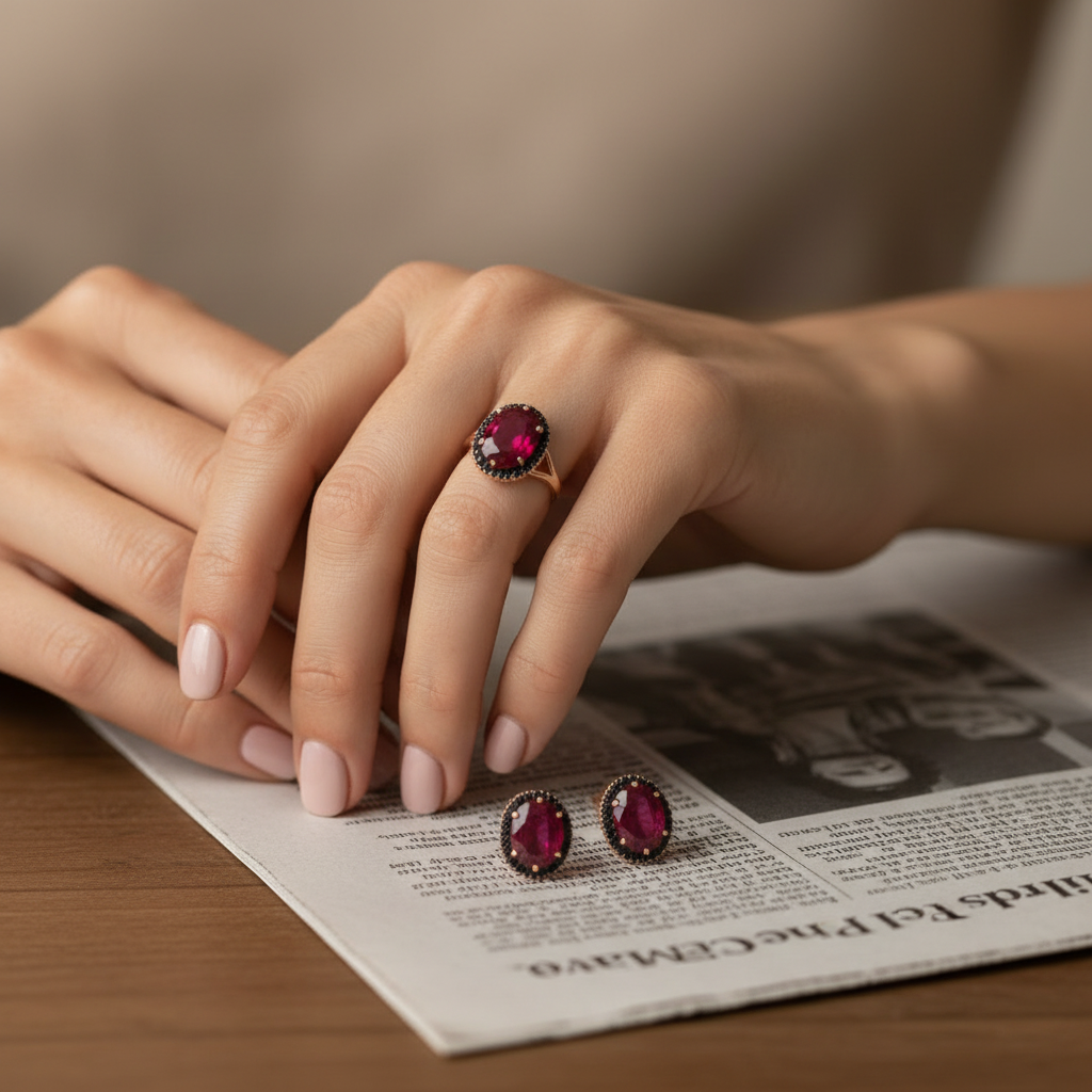 Composite Ruby Ring & Earring Set in Rose Gold-Plated Sterling Silver