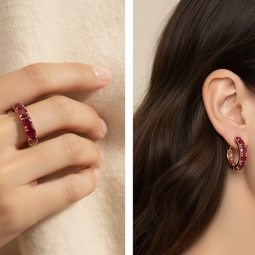 Natural Ruby Ring & Hoop Earring Set in Sterling Silver