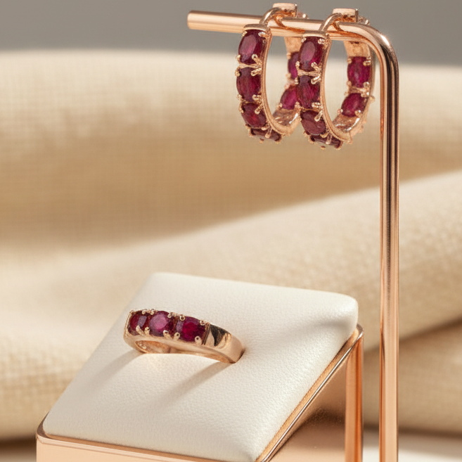 Natural Ruby Ring & Hoop Earring Set in Sterling Silver