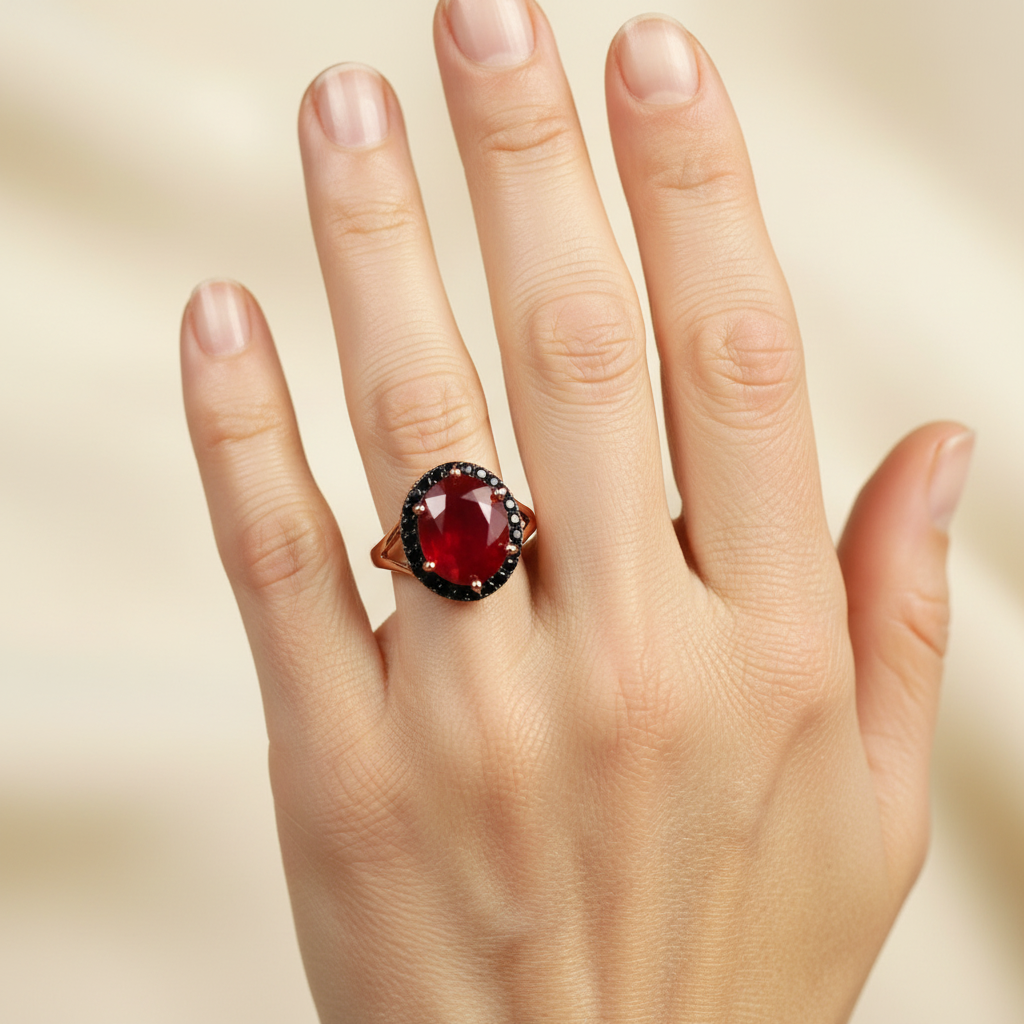 Composite Ruby Ring & Earring Set in Rose Gold-Plated Sterling Silver