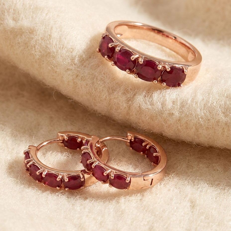 By Sophi Natural Ruby Ring & Hoop Earring Set, catalog flat-lay on warm cream wool