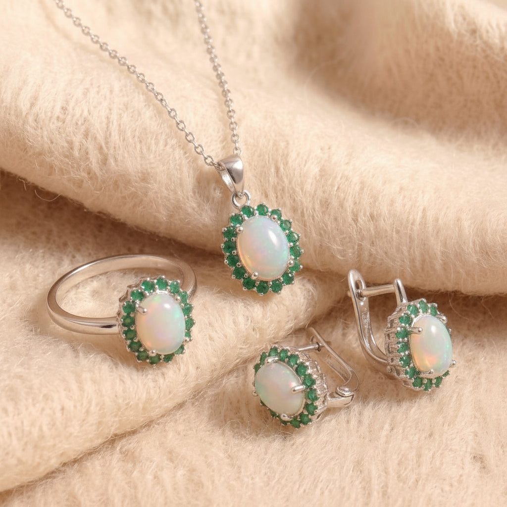 Natural opal and emerald jewelry set in sterling silver on cream wool