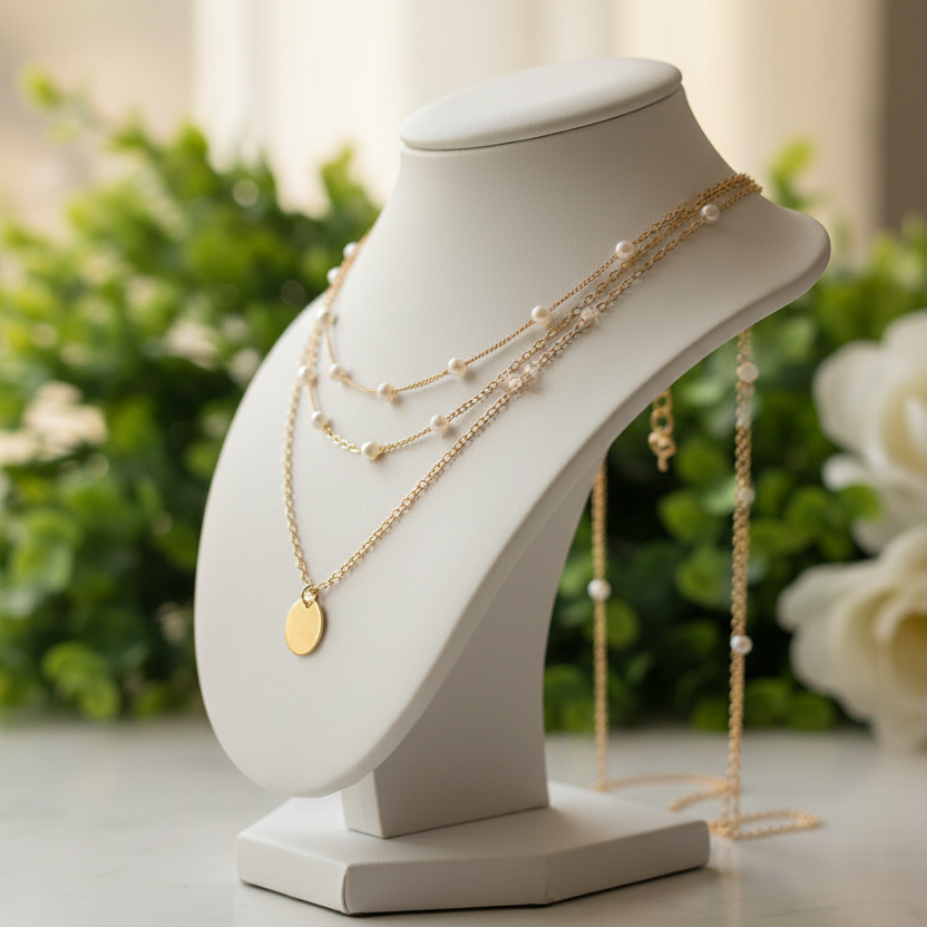Layered Gold Plated Necklace with Pearls in Gold