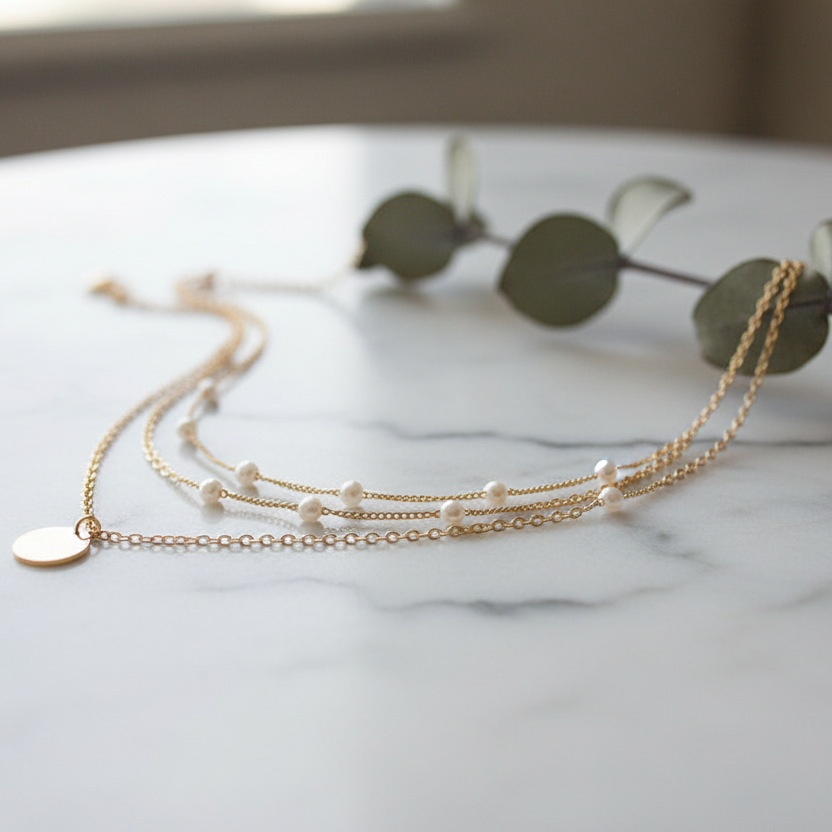 Layered Gold Plated Necklace with Pearls in Gold