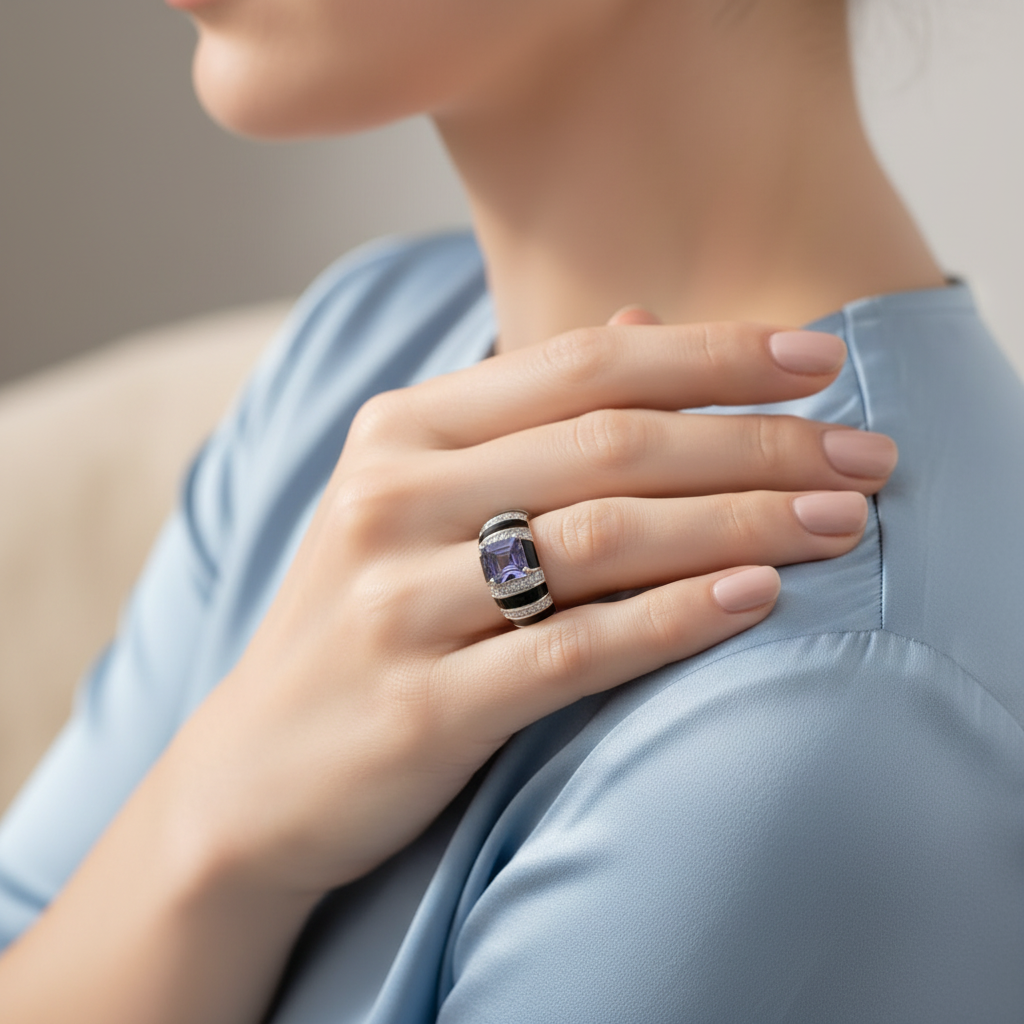 Natural Iolite and Black Enamel Ring in Sterling Silver