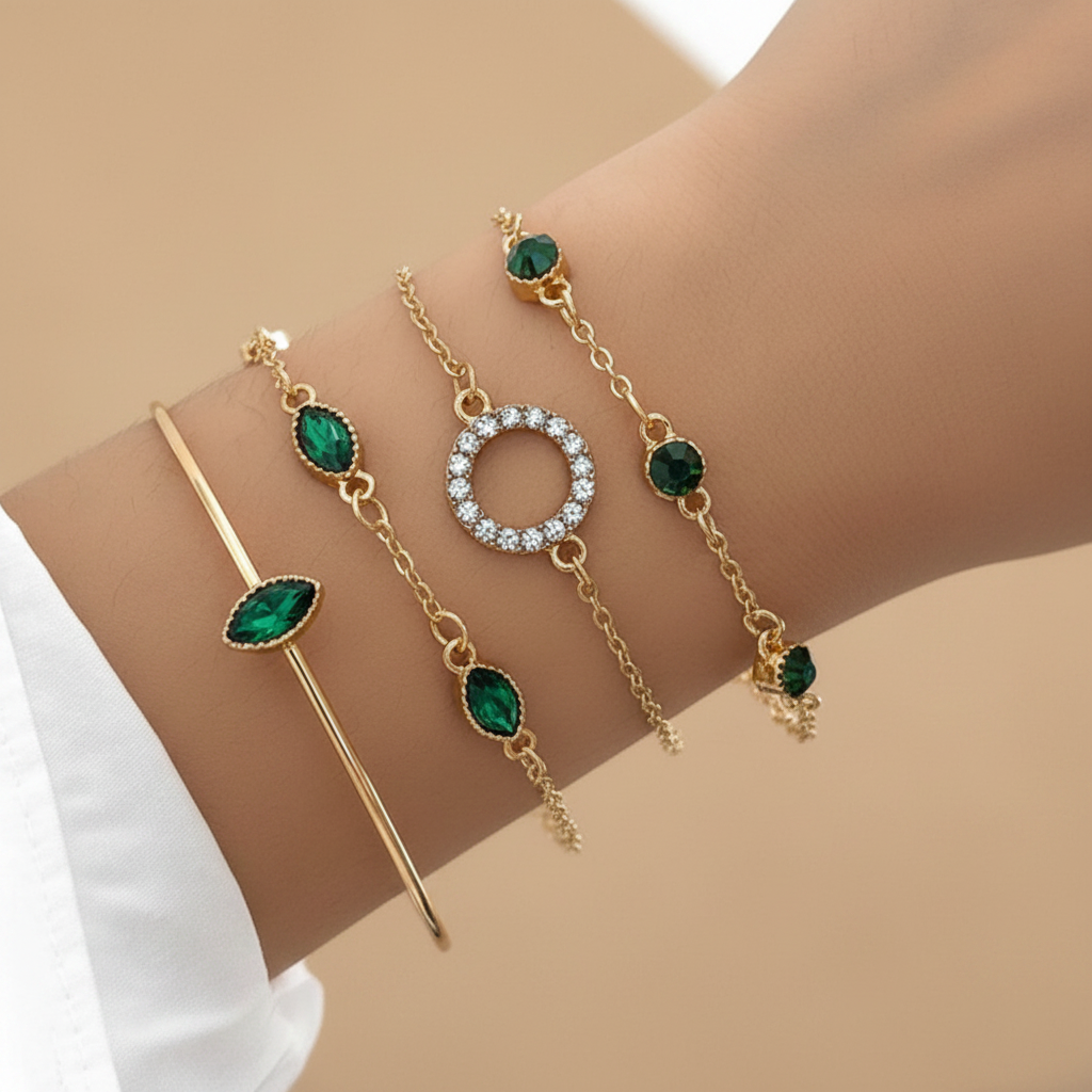 Pack Green Crystal Bracelets in Gold