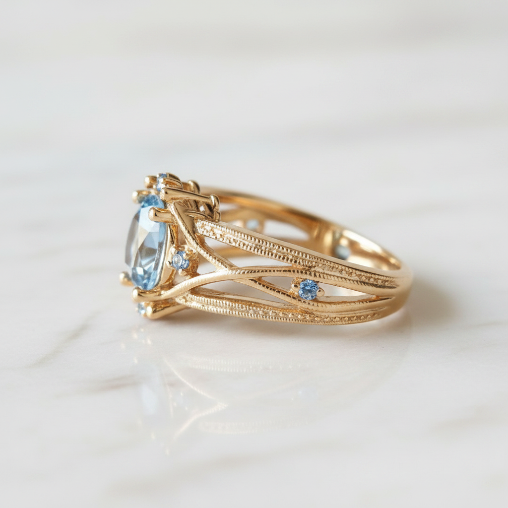 Inlaid Blue Glass Gold Ring