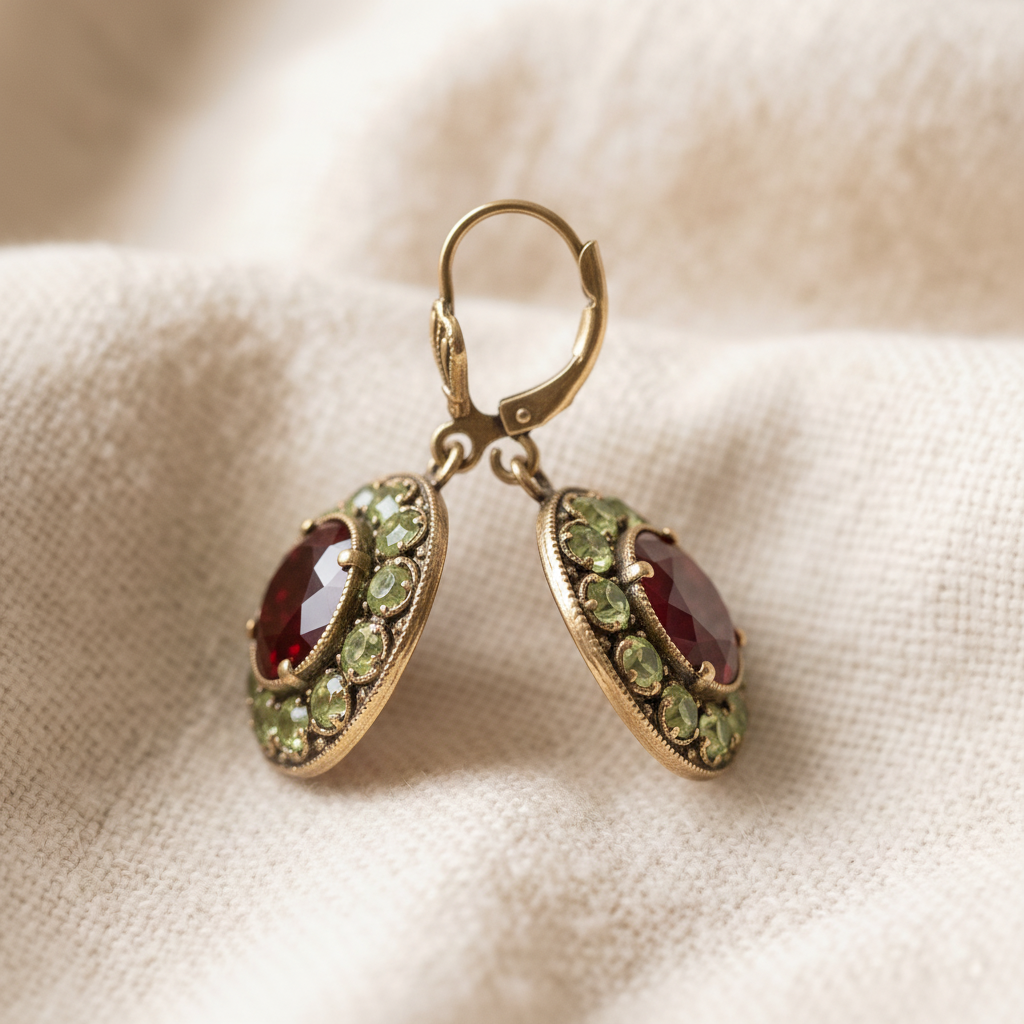 Vintage Rounded Green & Red Crystal Earrings