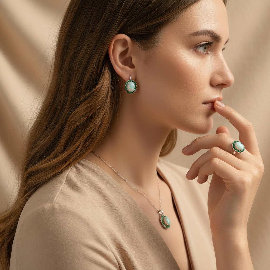 Natural Opal & Emerald Jewelry Set in Sterling Silver