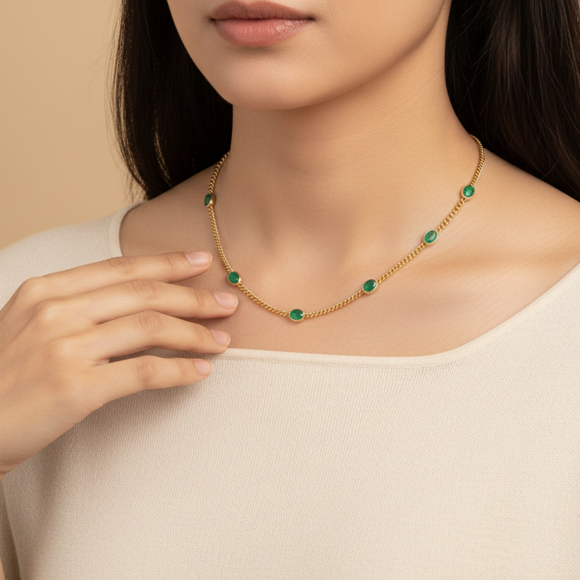 Natural Emerald Bezel Curb Chain Necklace  in Sterling Silver