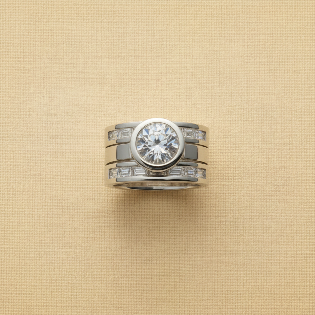 Vintage Layered Crystal Wide Ring in Silver| smaller baguette-