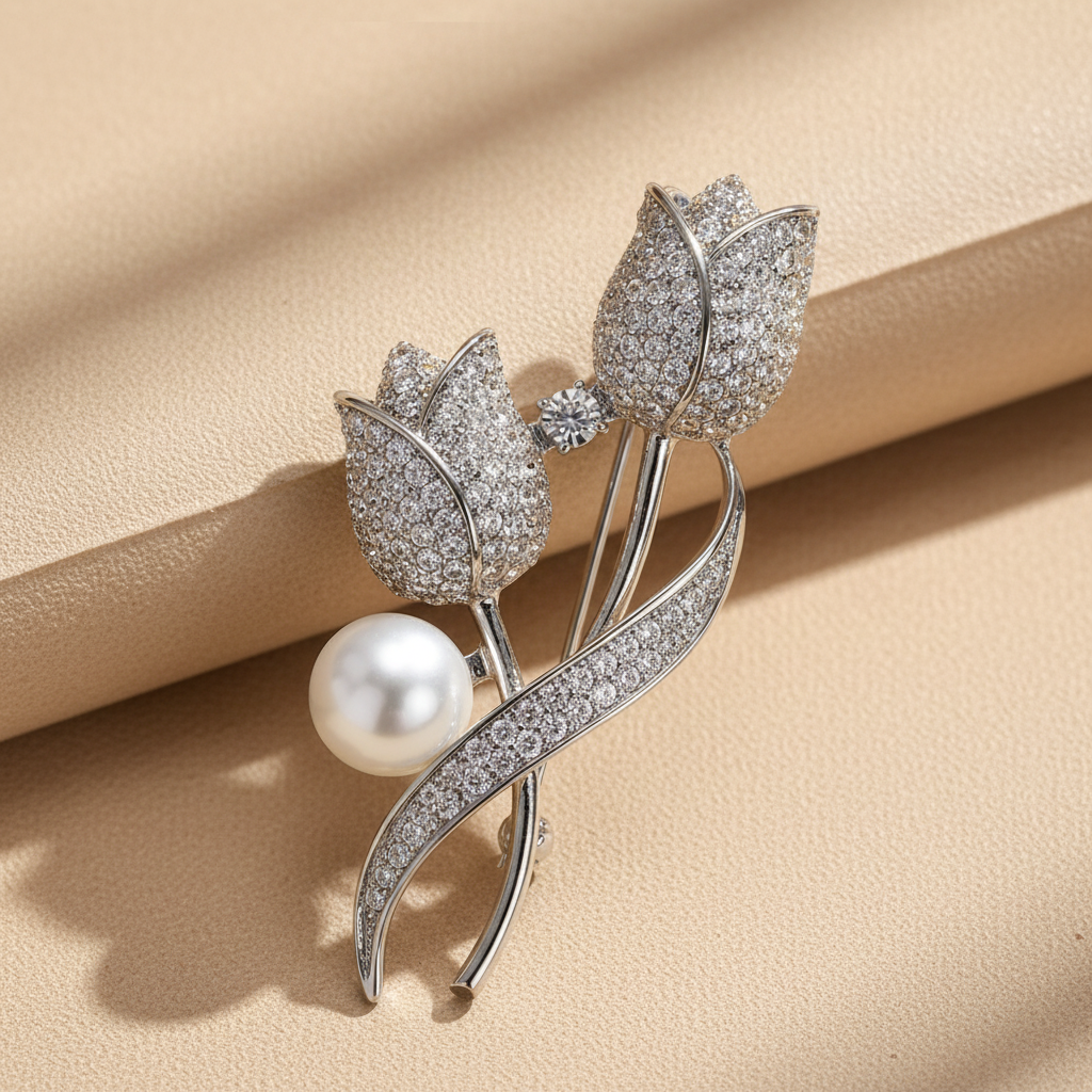 Tulip Brooch with Shiny Tulip Pearl in Gold and Silver